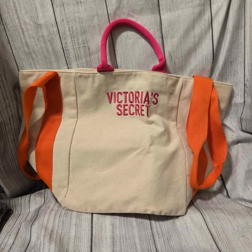 Victoria's Secret Cream and Orange Canvas Tote